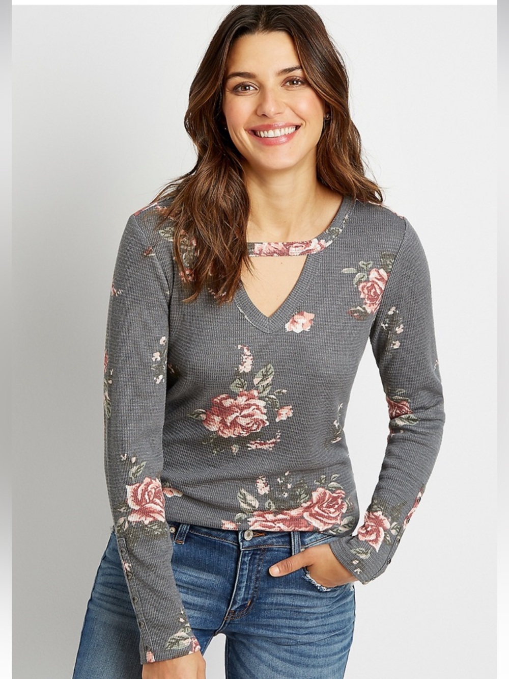 Maurice’s Rose-Print Waffle V-Neck Top - Dark Gray